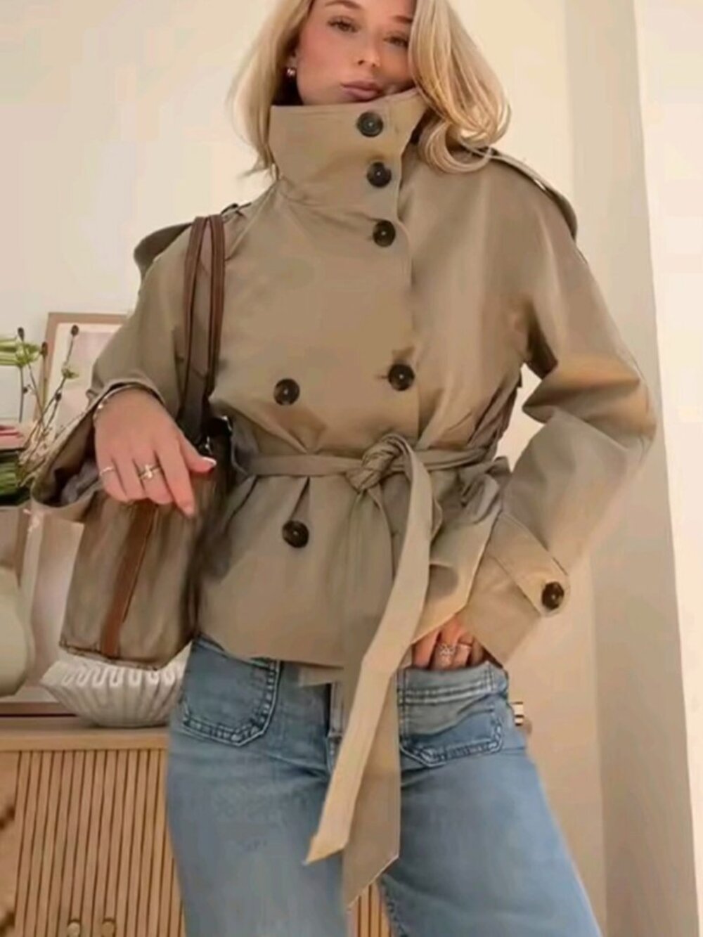 Belted Waist Cropped Trench Jackets Women Double Breasted Stand Collar Coats  Au